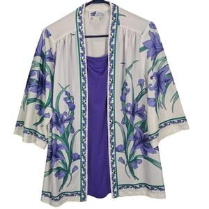 Vintage Top Notch Jacket Womens 16 White Purple Floral Kimono Blazer USA 80s 90s